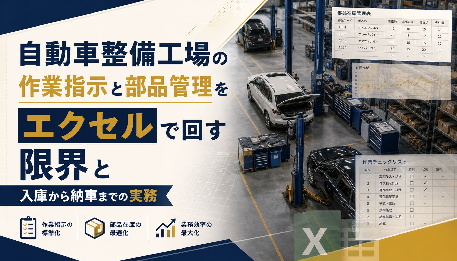 自動車整備工場の作業指示と部品管理をエクセルで回す限界と入庫から納車までの実務