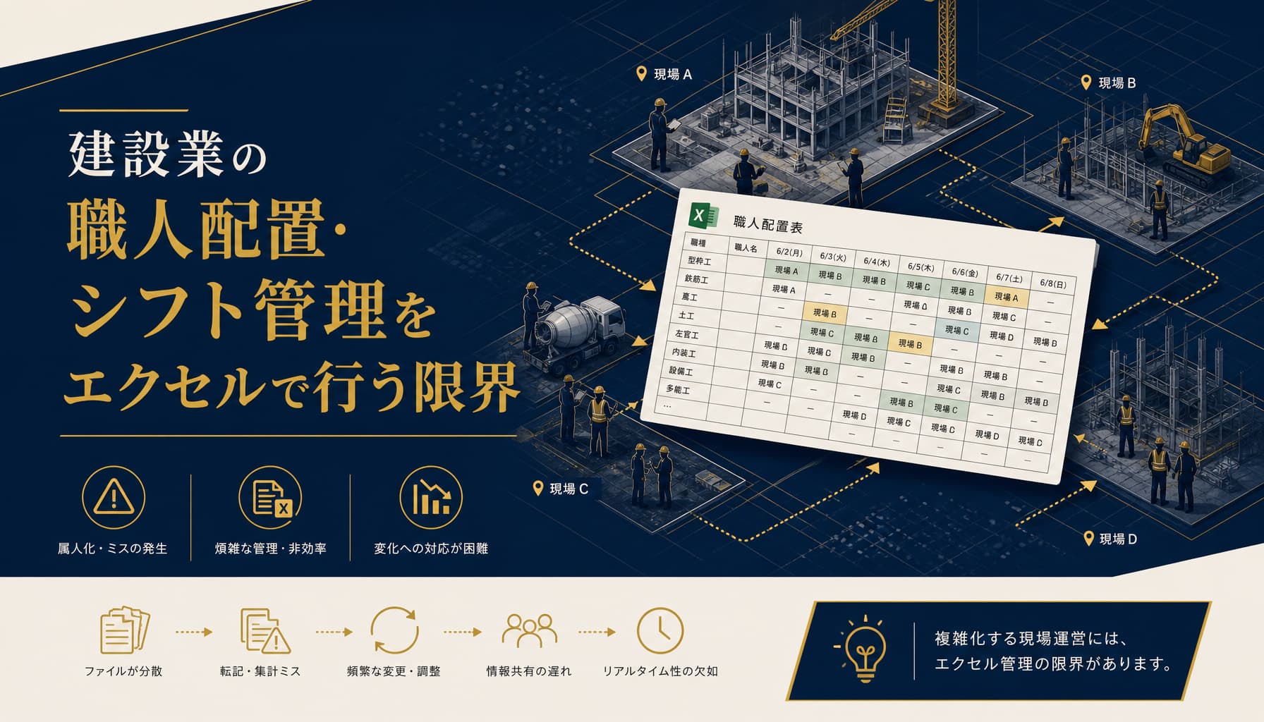 建設業の職人配置・シフト管理をエクセルで行う限界と複数現場運用の実務