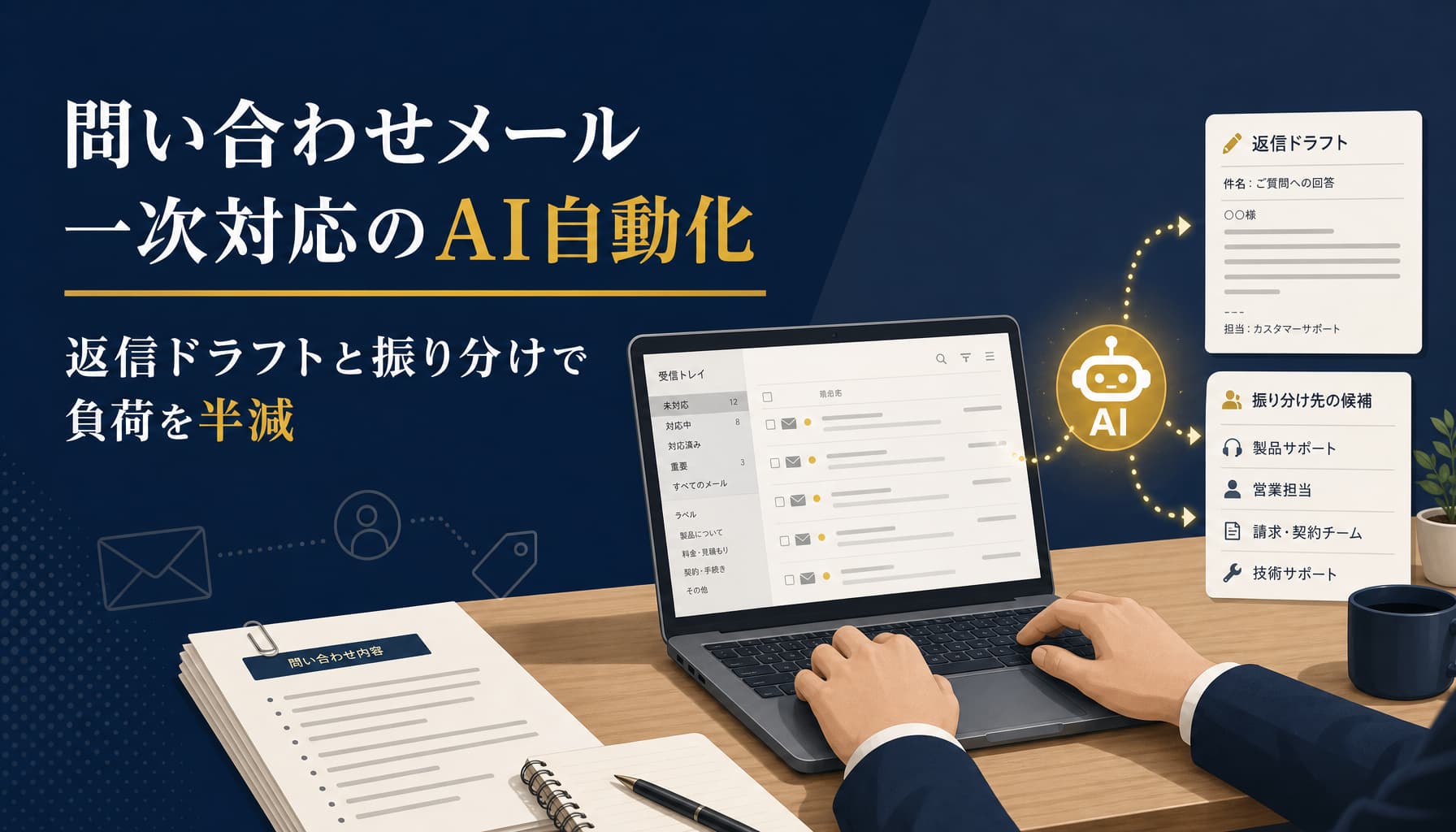 問い合わせメール一次対応のAI自動化 返信ドラフトと振り分けで負荷を半減する実務手順