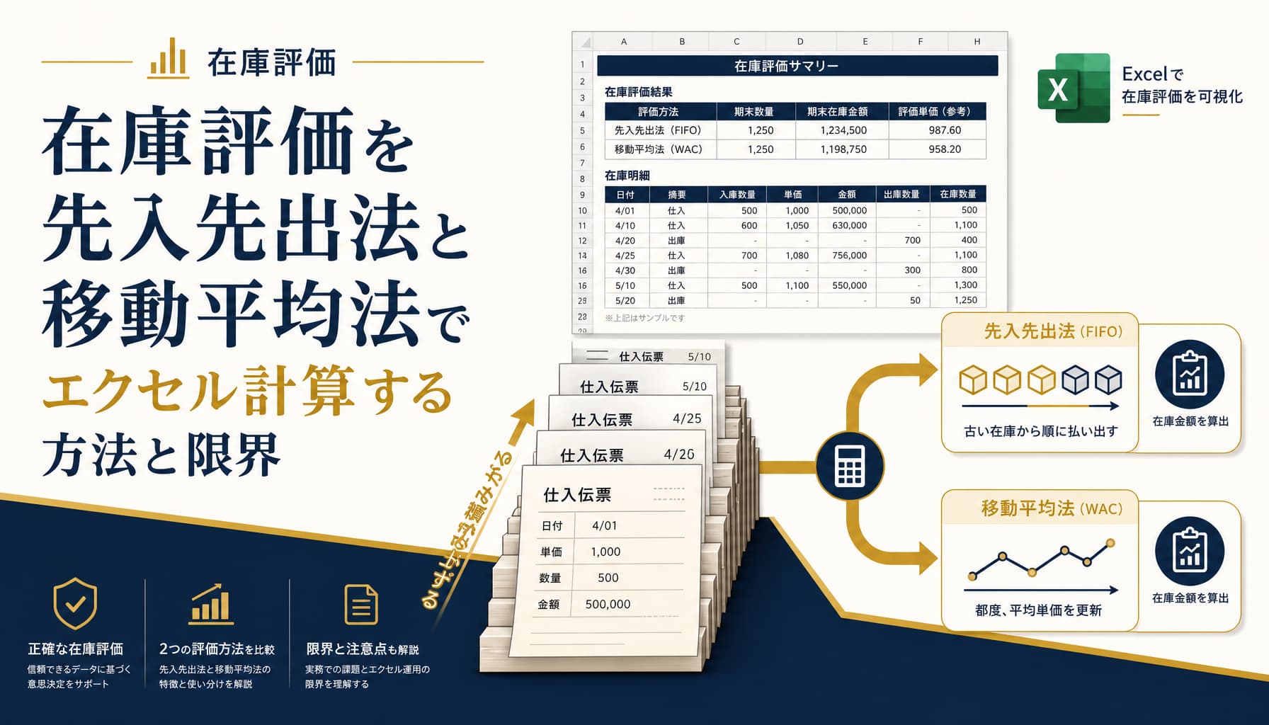在庫評価を先入先出法と移動平均法でエクセル計算する方法と限界