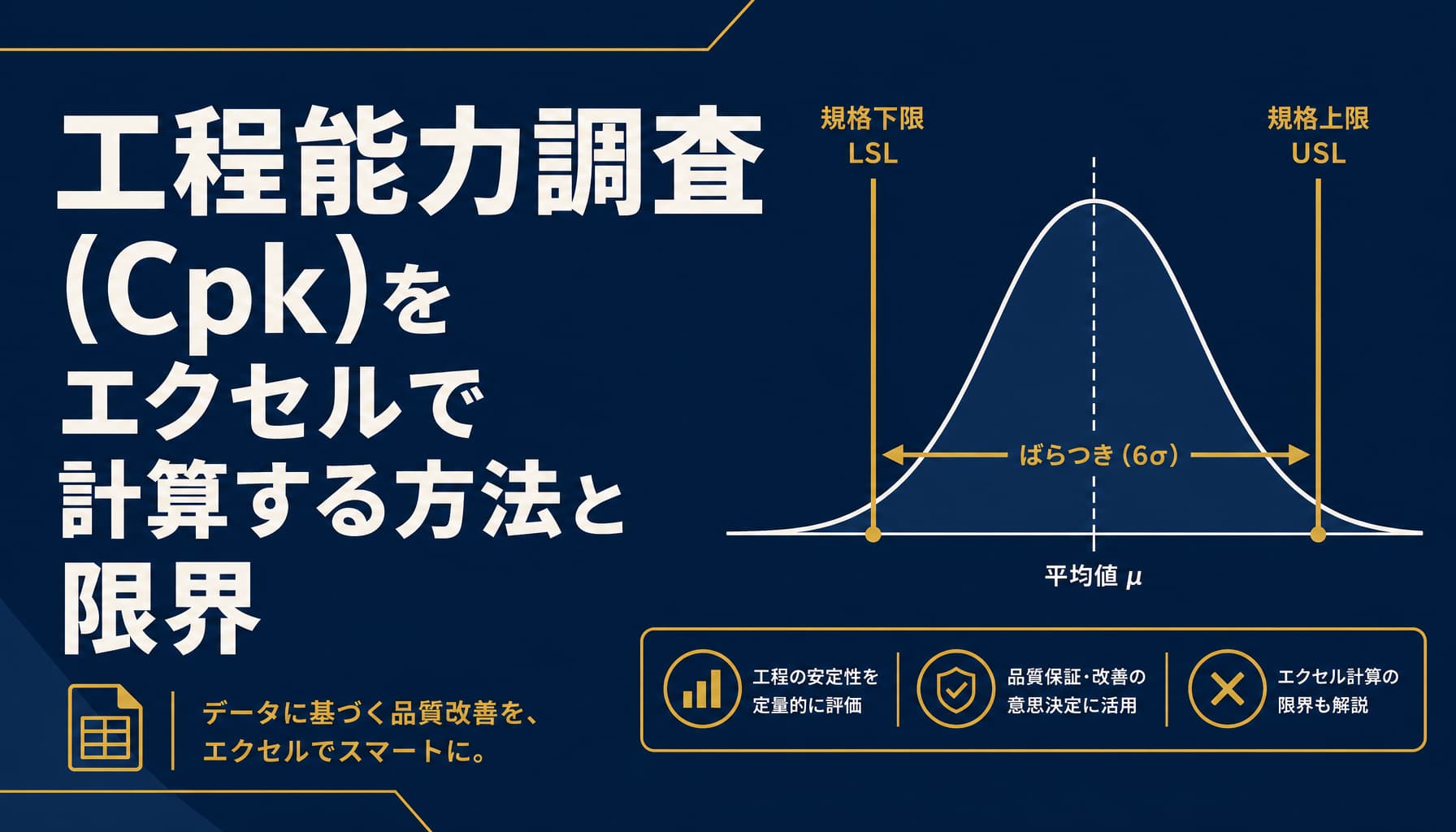 工程能力Cp・Cpkをエクセルで計算する方法 STDEV.S関数と計算式・判定の目安