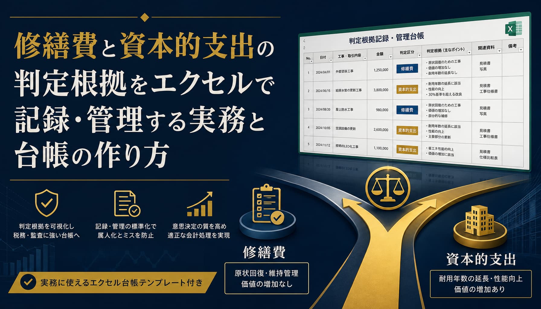 修繕費と資本的支出の判定根拠をエクセルで記録・管理する実務と台帳の作り方