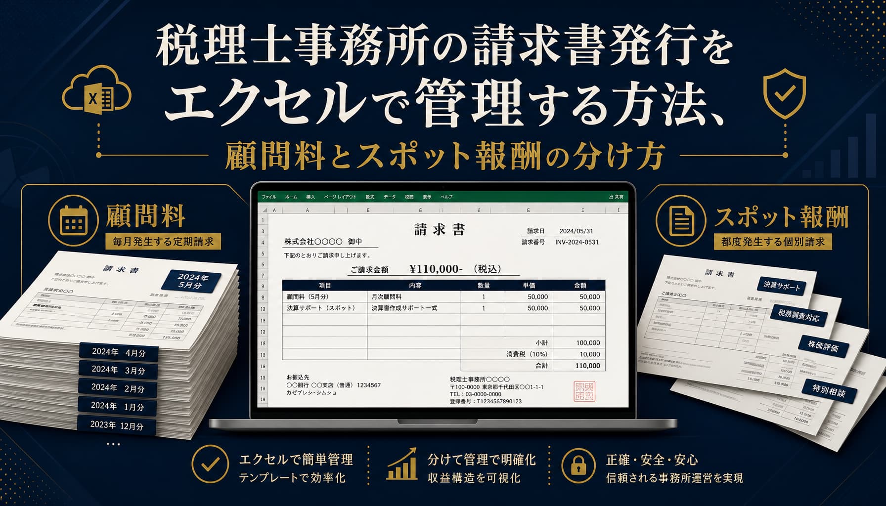 税理士事務所の請求書発行をエクセルで管理する方法、顧問料とスポット報酬の分け方