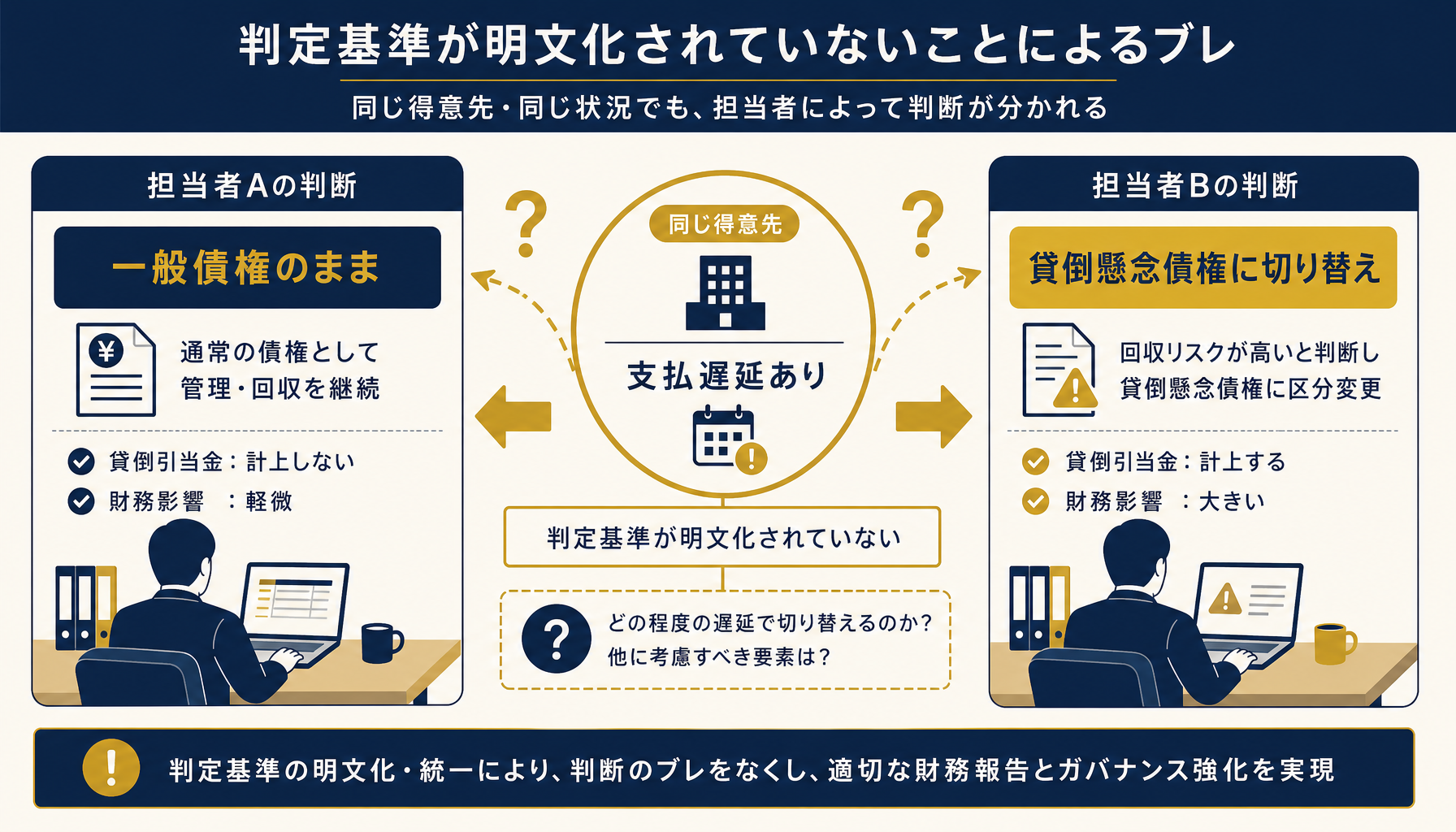 判定根拠が記録されず担当者ごとに評価が割れる様子を示した図