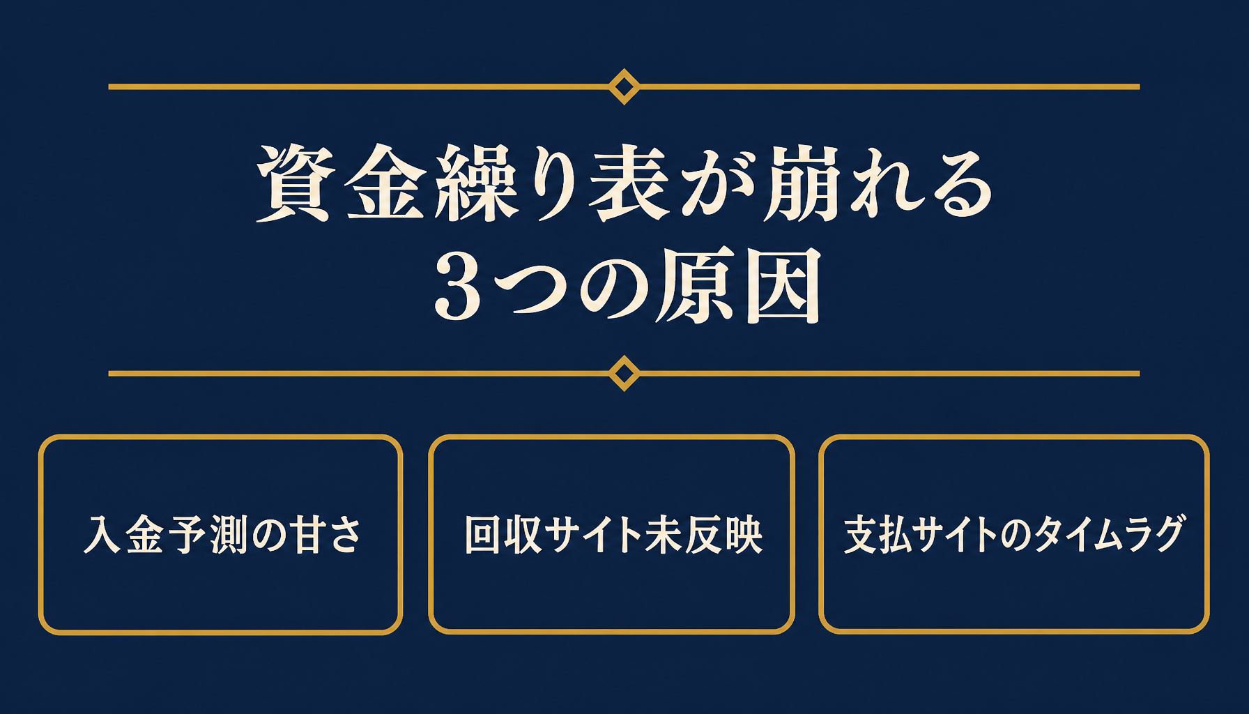資金繰り表が崩れる3つの原因(入金予測の甘さ・回収サイト未反映・支払サイトのタイムラグ)を示すインフォグラフィック