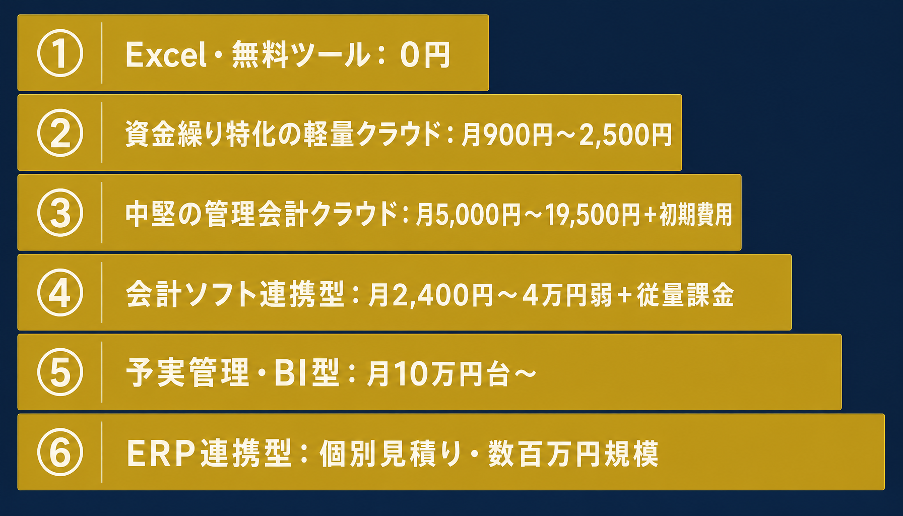 キャッシュフロー管理システムの6つの価格階層を示すインフォグラフィック