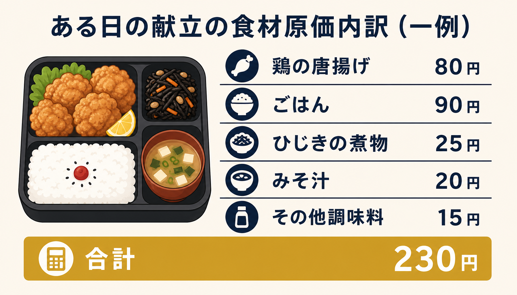 鶏の唐揚げ・ひじきの煮物・みそ汁・ごはんの献立で食材原価の内訳と合計を示すインフォグラフィック