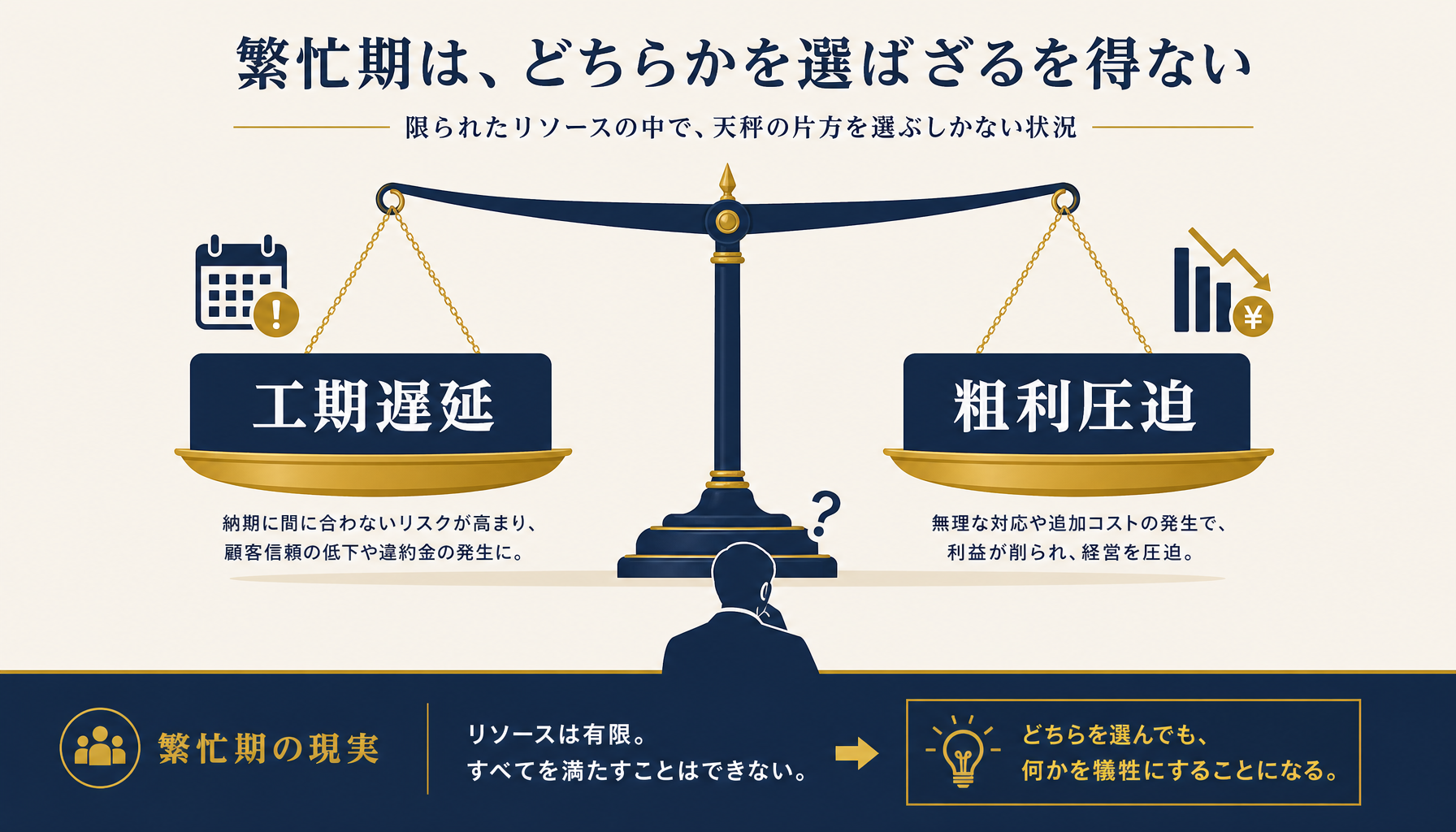 繁忙期に工期遅延と粗利圧迫のどちらかを選ばざるを得ない状態を天秤のイラストで示すインフォグラフィック。日本語ラベルを表示。ブランド配色を使用。
