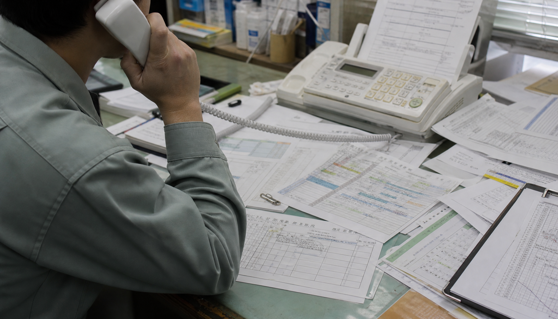 現場監督が複数の協力会社に電話やFAXで個別に連絡を取っている様子