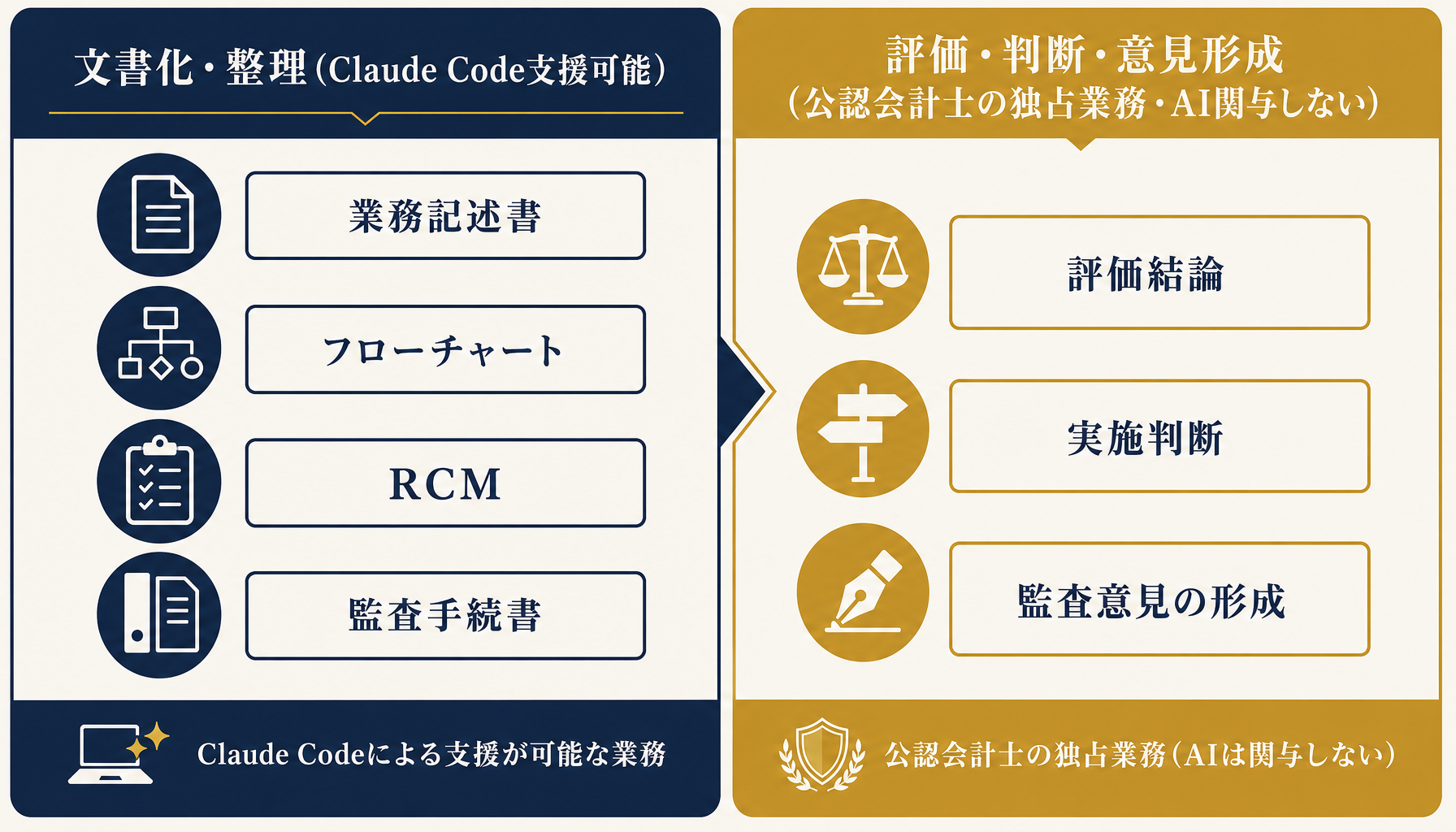 独占業務(監査意見の形成)とAI支援可能範囲(文書化・整理)の境界を示すインフォグラフィック。2区分をNavy #1A2B4A・Gold #C9A227・Warm White #F5F0E8の配色で明示し、日本語ラベルを正確に表示する。