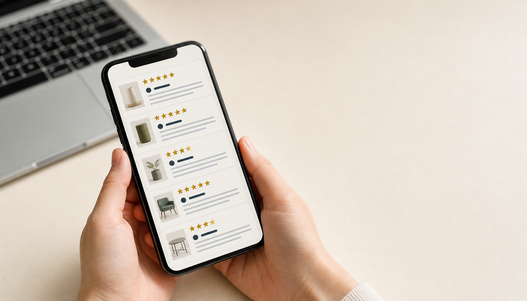 スマートフォンで楽天やAmazonの星評価レビューを眺める手元