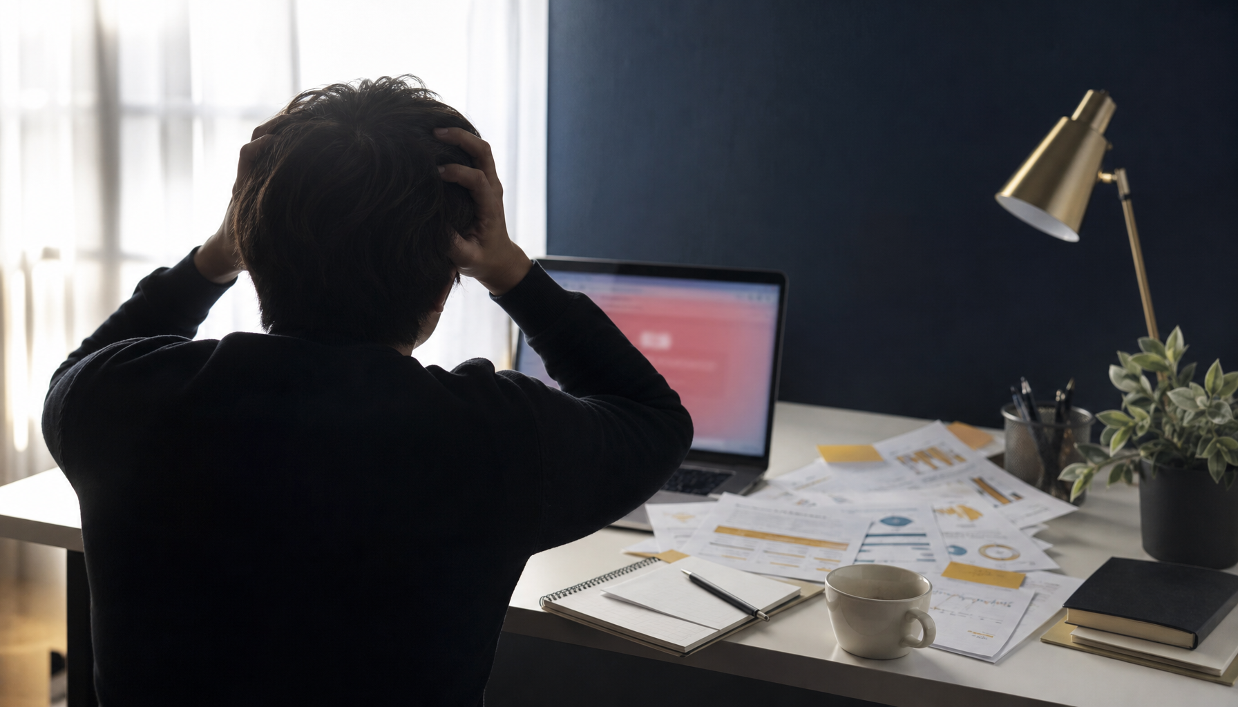 困った表情でPC画面を見る運営者の後ろ姿 散らかったデスクの上にコーヒーカップ