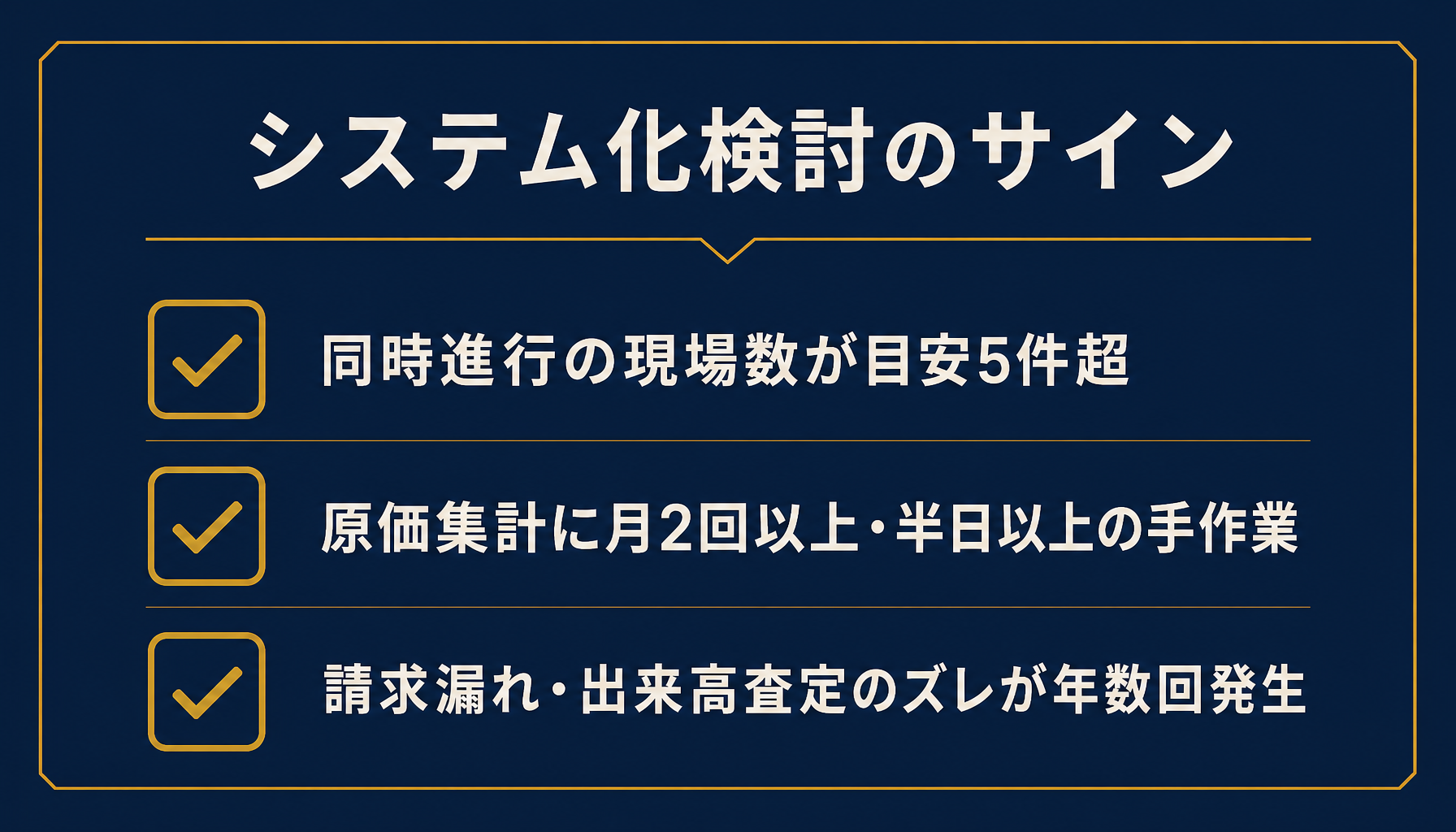 脱エクセルの判断基準となる3つのサイン(現場数・集計工数・請求漏れ頻度)をチェックリスト形式で示したインフォグラフィック
