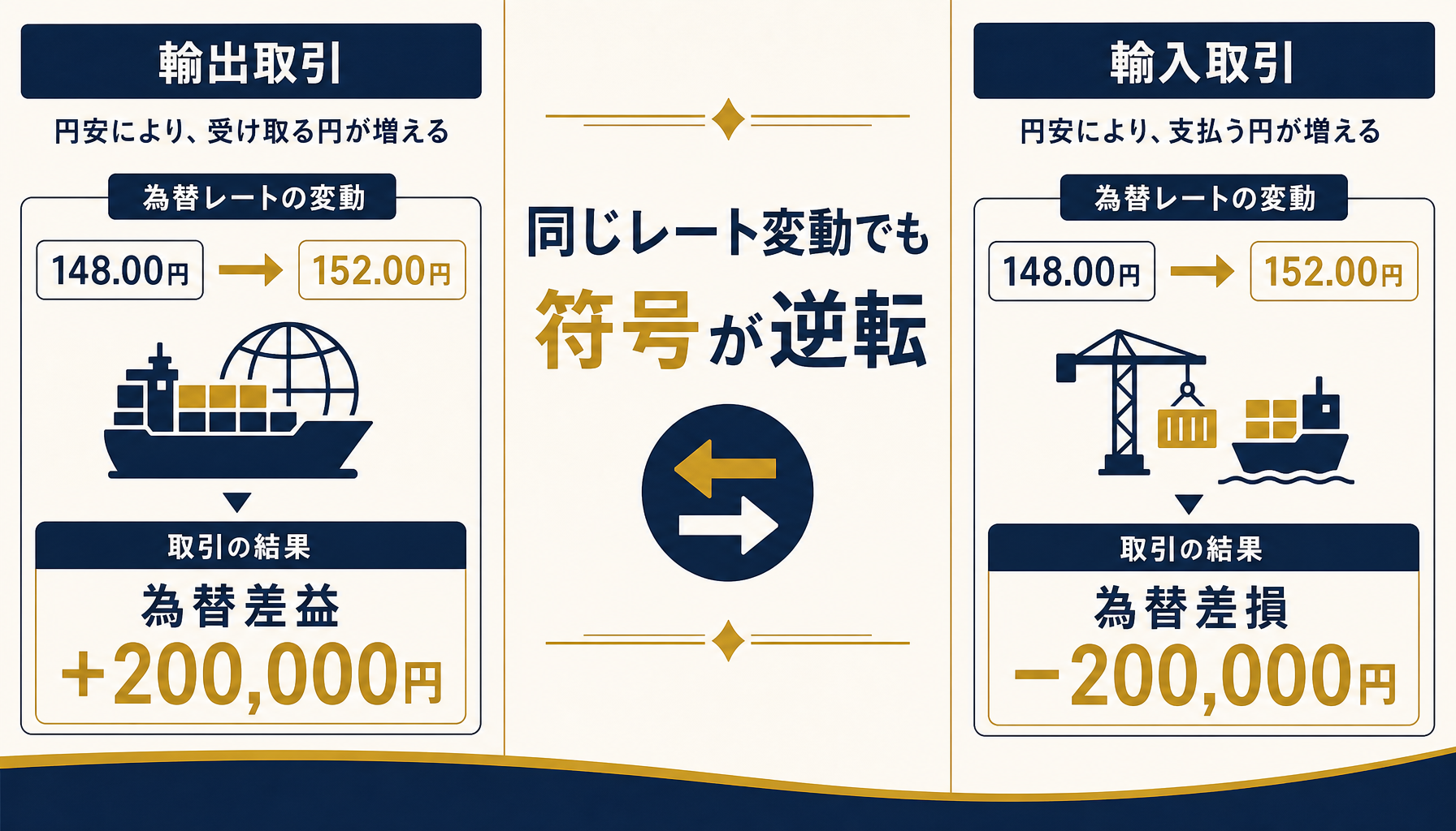 輸出取引と輸入取引で同じレート変動が逆の損益を生む対比図