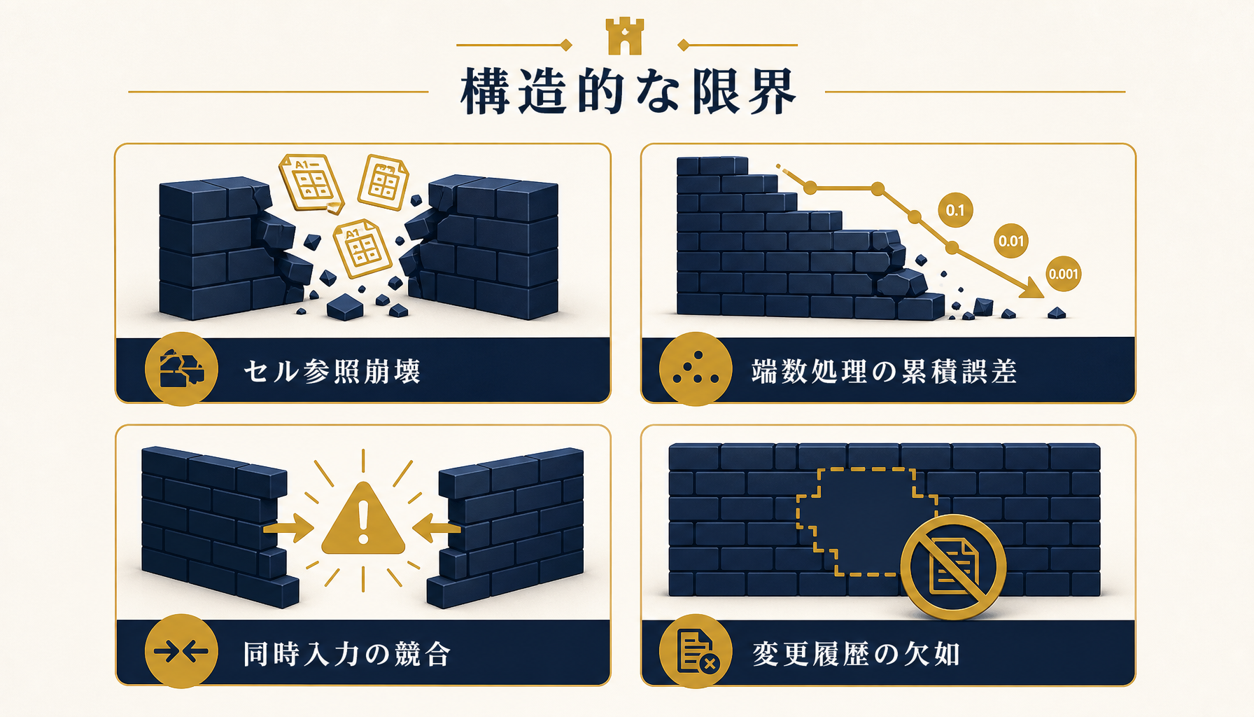 エクセルで在庫評価を運用する際に起きる4つの限界(セル参照崩壊・端数処理の累積誤差・同時入力の競合・変更履歴の欠如)を並べたインフォグラフィック。日本語ラベルのみでブランド配色を使用。