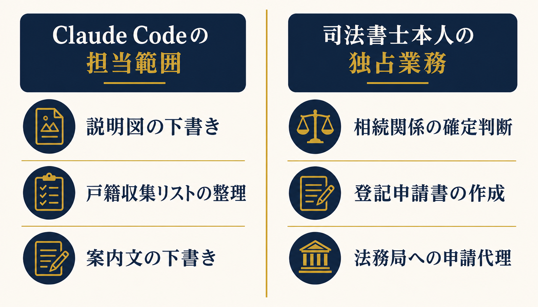 Claude Codeの担当範囲と司法書士本人の担当範囲を分けて示すインフォグラフィック