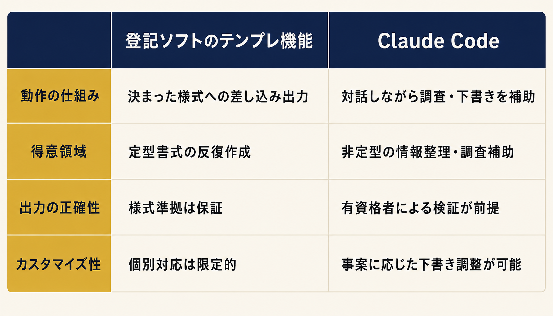 登記ソフトのテンプレ機能とClaude Codeの機能比較表