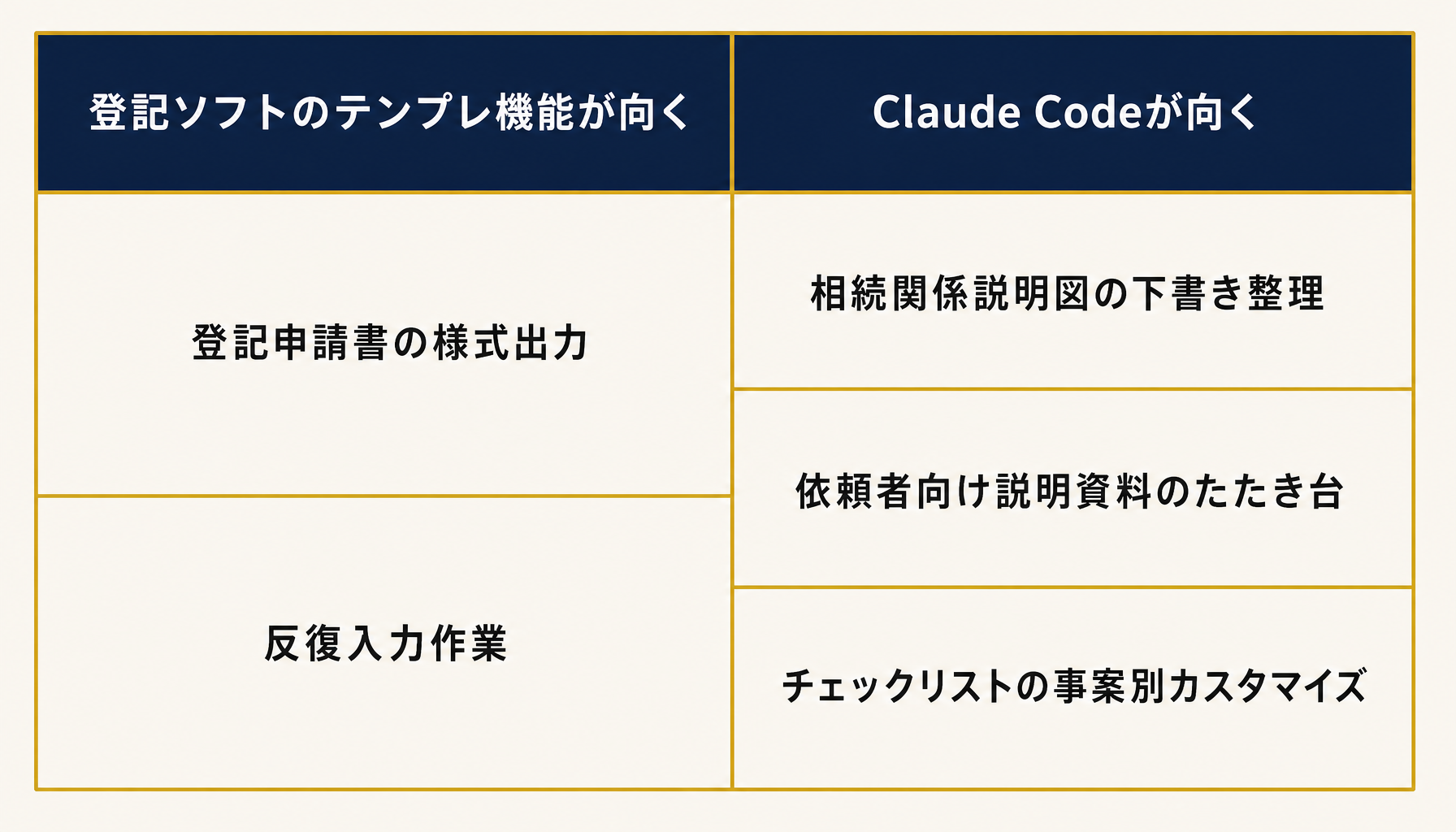 司法書士業務のどの工程がテンプレ機能とClaude Codeそれぞれに向くかを示すマップ