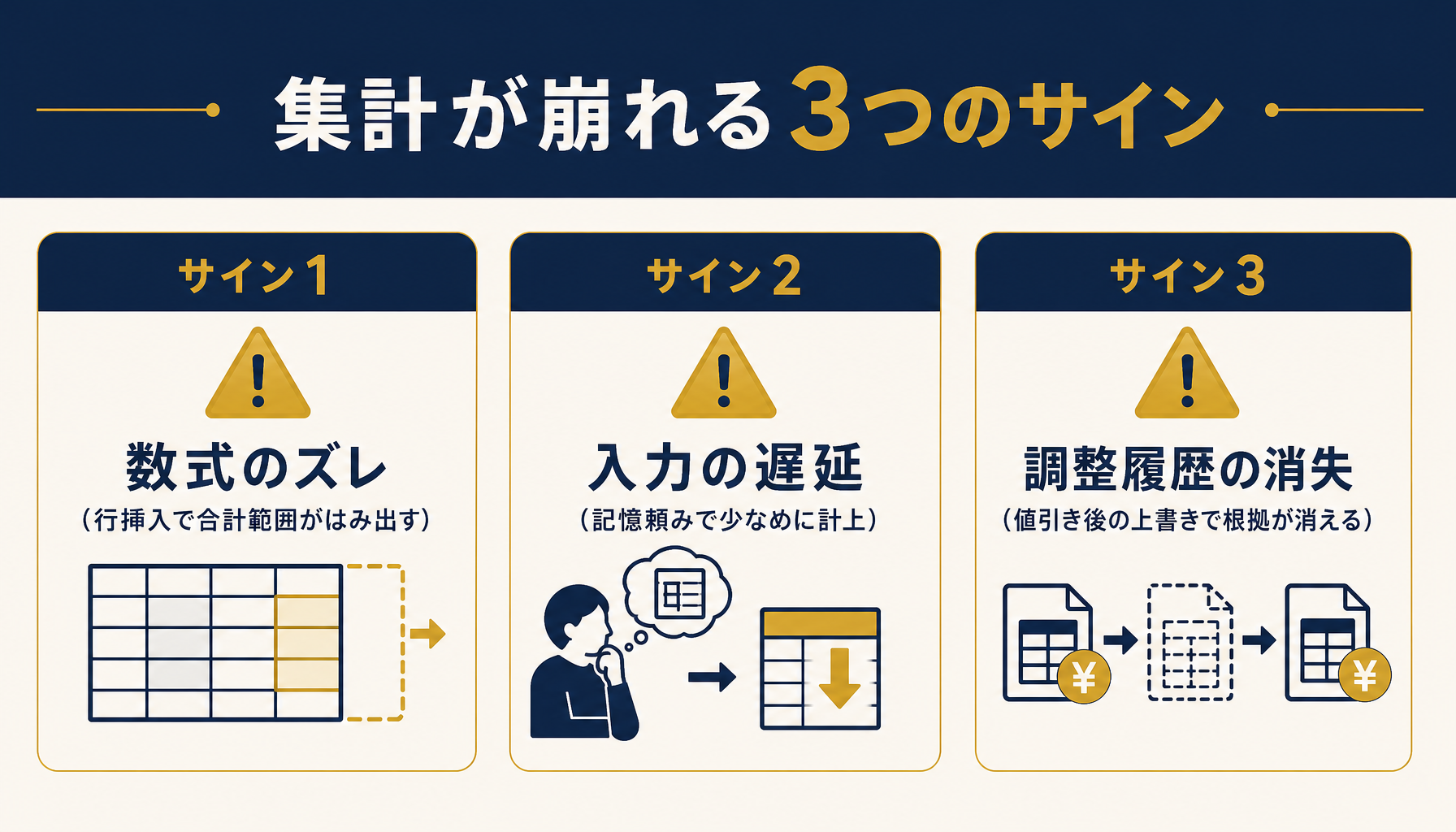 集計が崩れる3つのサインを示すインフォグラフィック