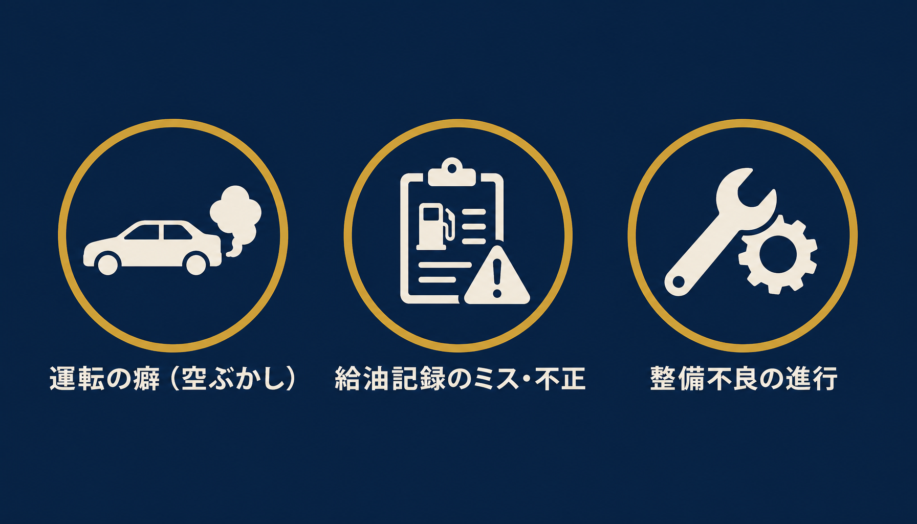 燃費異常の3つのサイン（空ぶかし・不正給油・整備不良）を示すシンプルなインフォグラフィック
