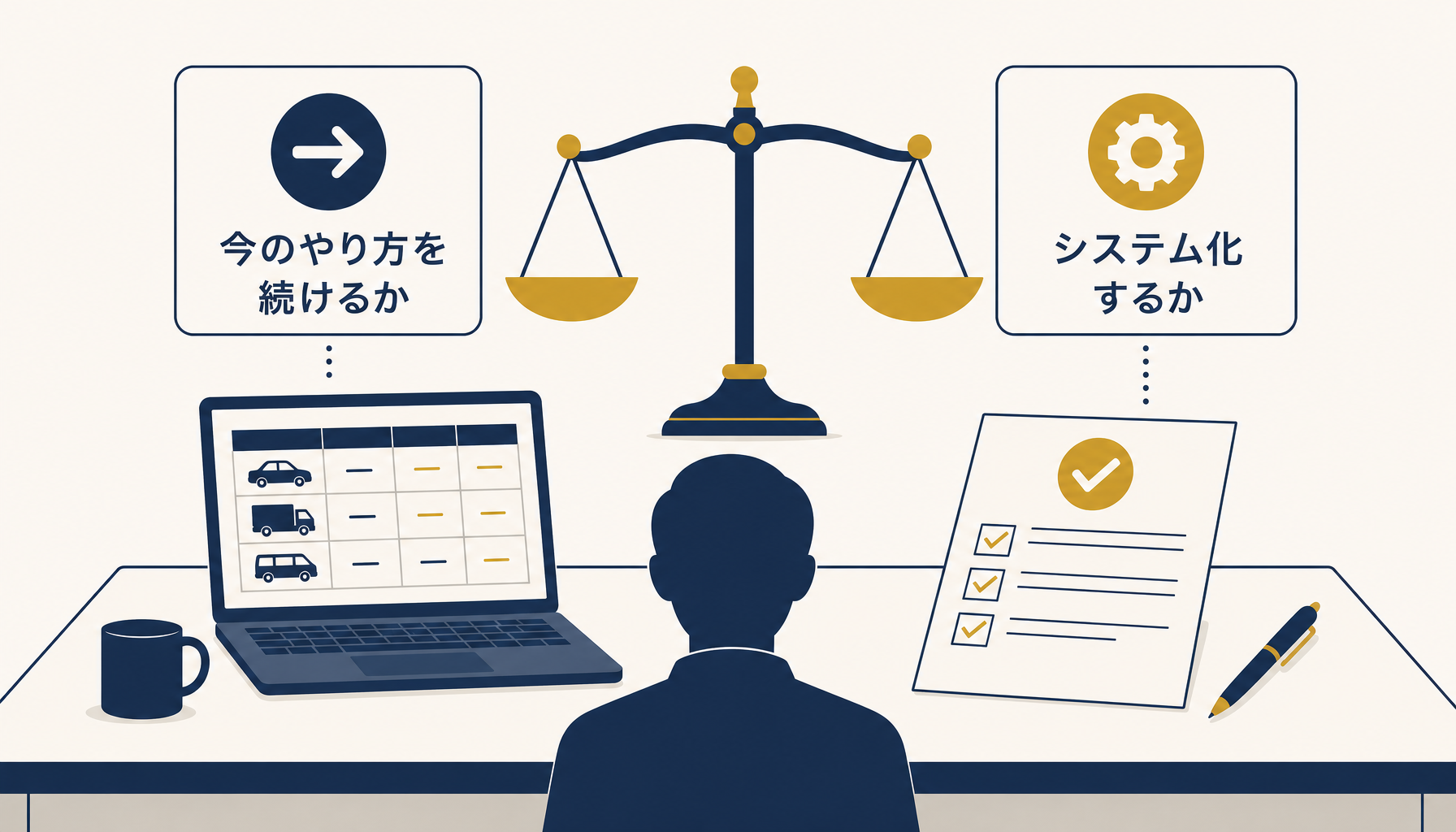 車両管理システムへの移行タイミングを検討するオフィスでの意思決定シーンを表す抽象イラスト