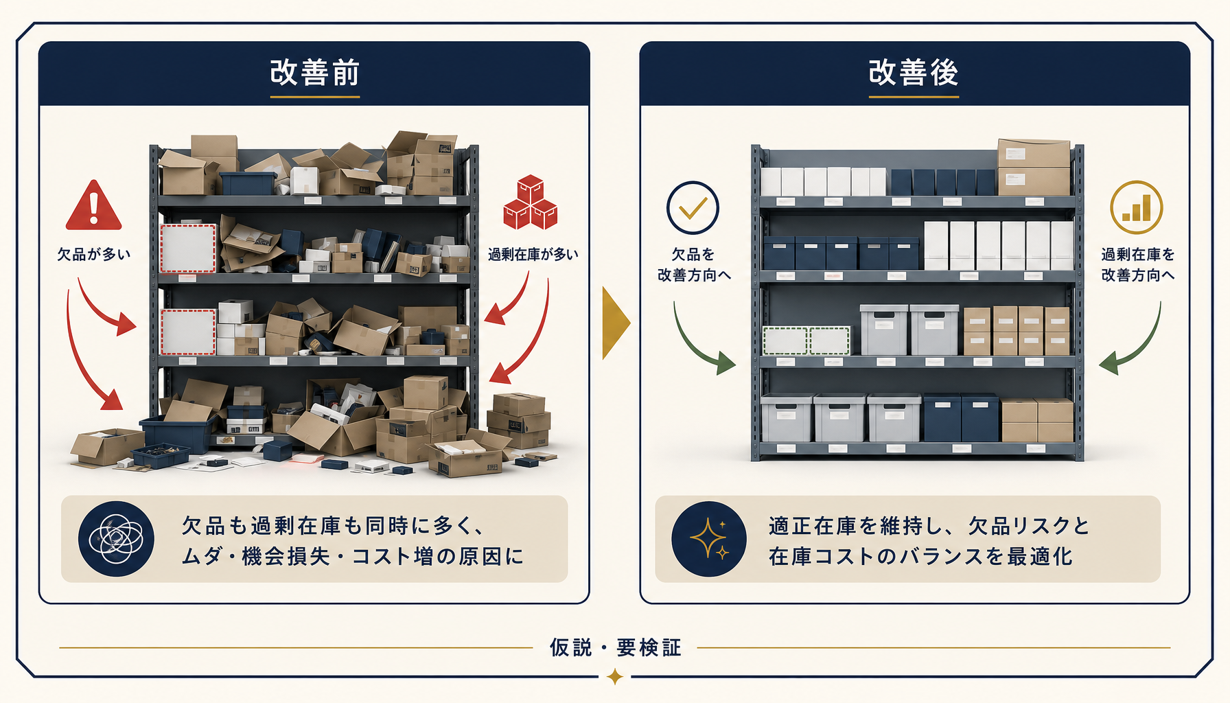 改善前後で欠品と過剰在庫がともに落ち着く方向性を示した比較図解