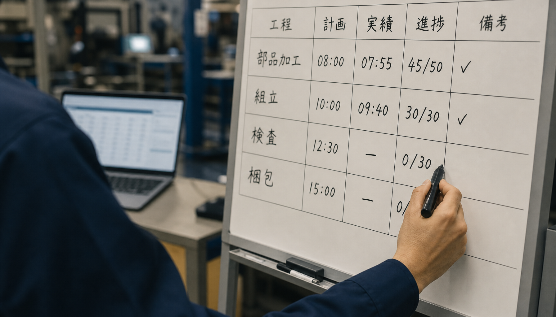 現場のホワイトボードに実績を手書きし、後からエクセルへ転記する運用フローを示す写実的な情景