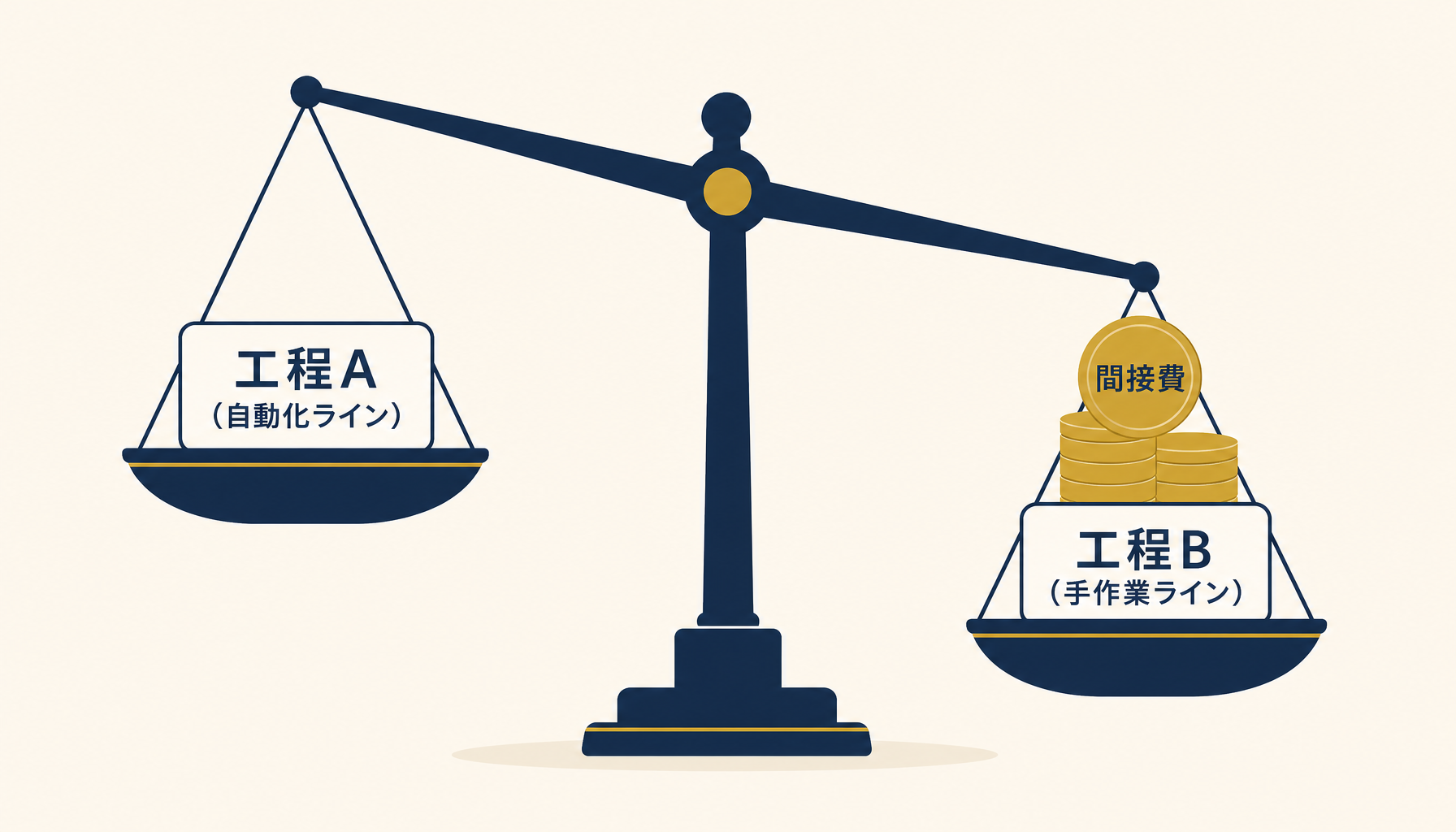配賦基準のズレを表す抽象的なフラットベクターイラスト。工程Aと工程Bに間接費が偏って配分される様子を、天秤が傾くメタファーで表現