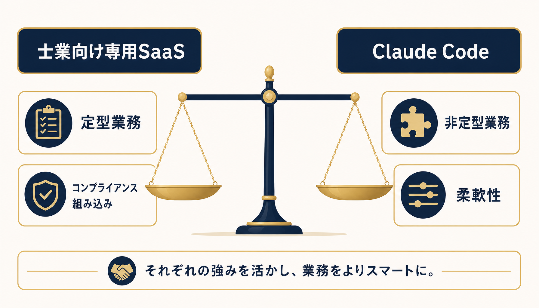 専用SaaSとClaude Codeという2つの選択肢を天秤にかけている様子を示すインフォグラフィック