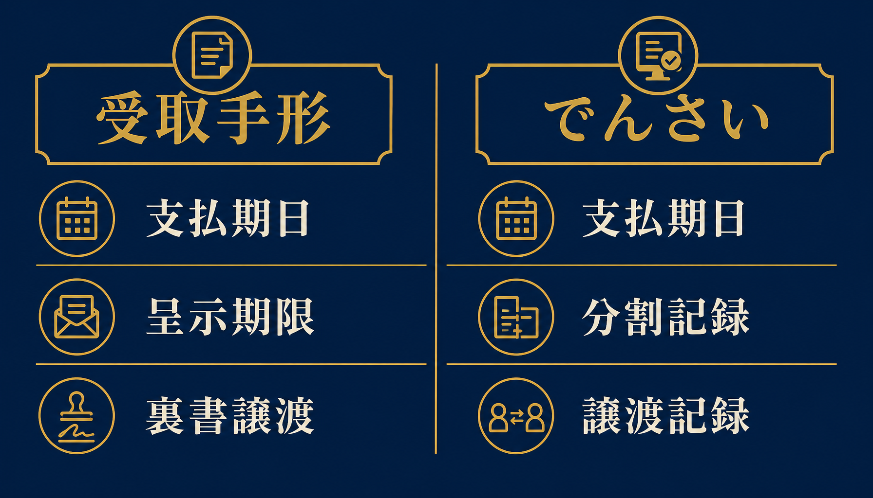 受取手形とでんさいで管理すべき列項目の違いを示すインフォグラフィック