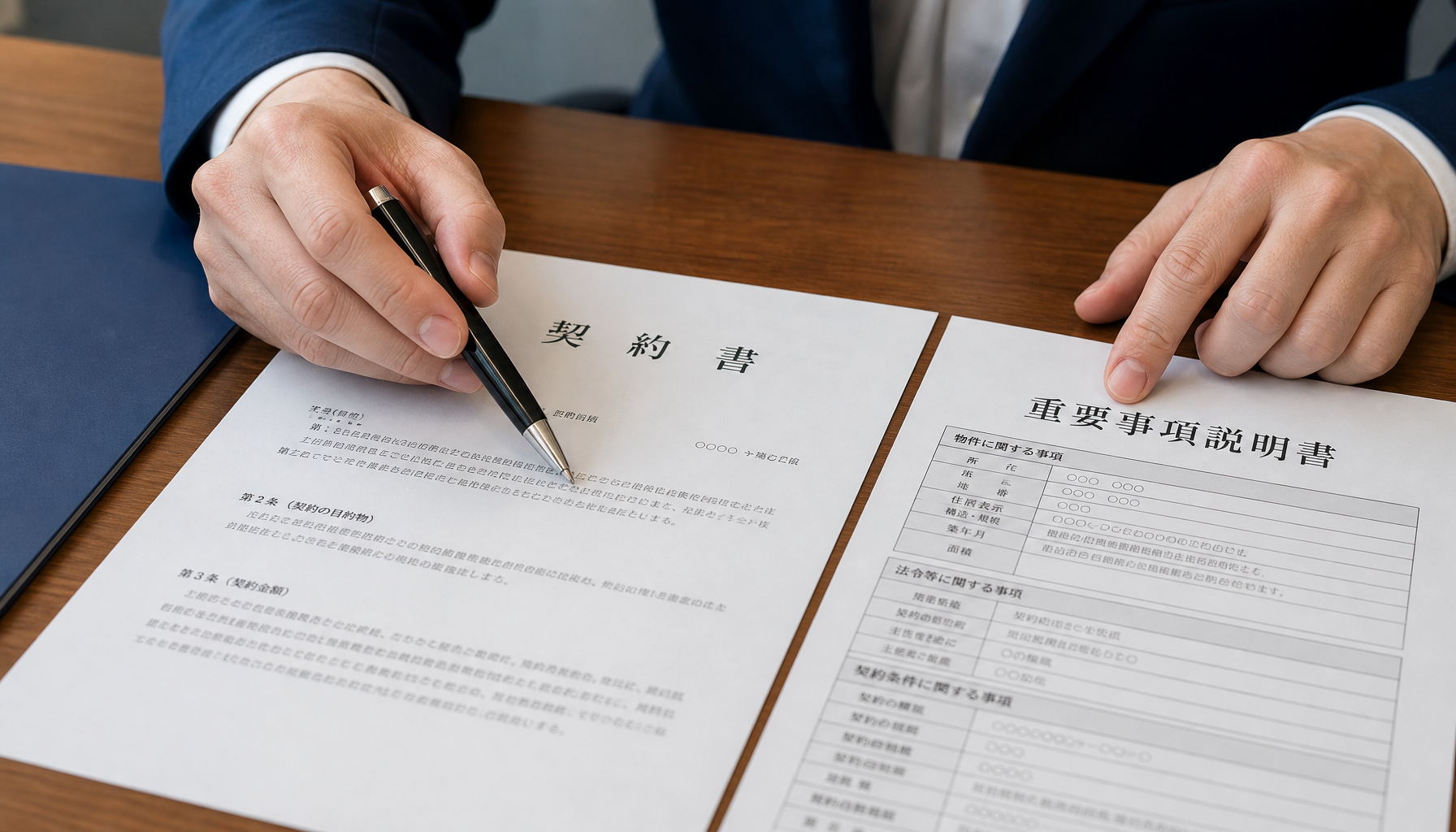 宅建士が重要事項説明書を確認している手元