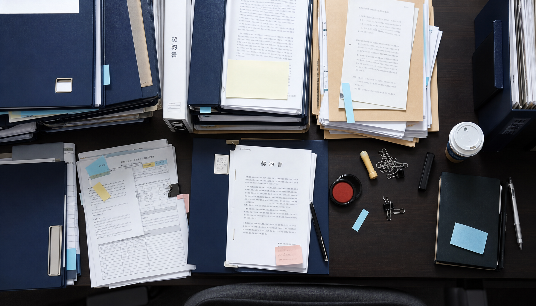 紙の契約書が積み上がったオフィスデスクの俯瞰