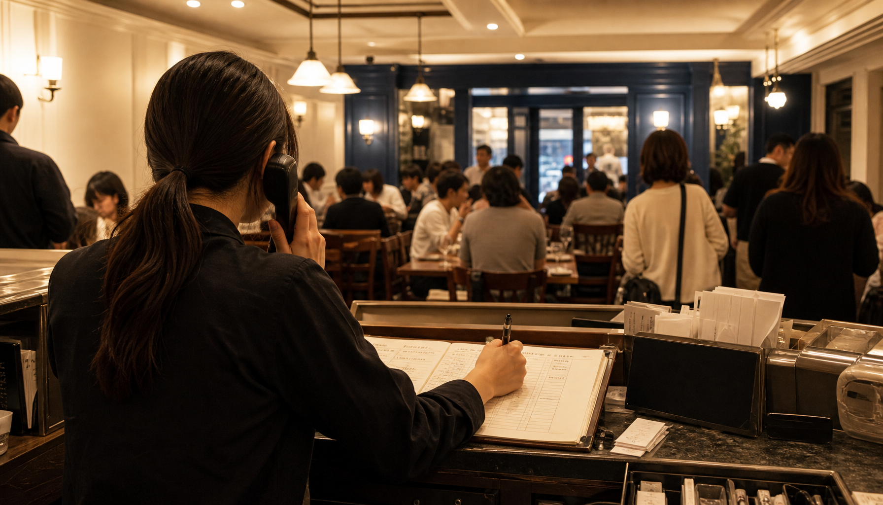 満席に近い店内で電話対応をしながら台帳に手書きで予約を書き込むスタッフの後ろ姿