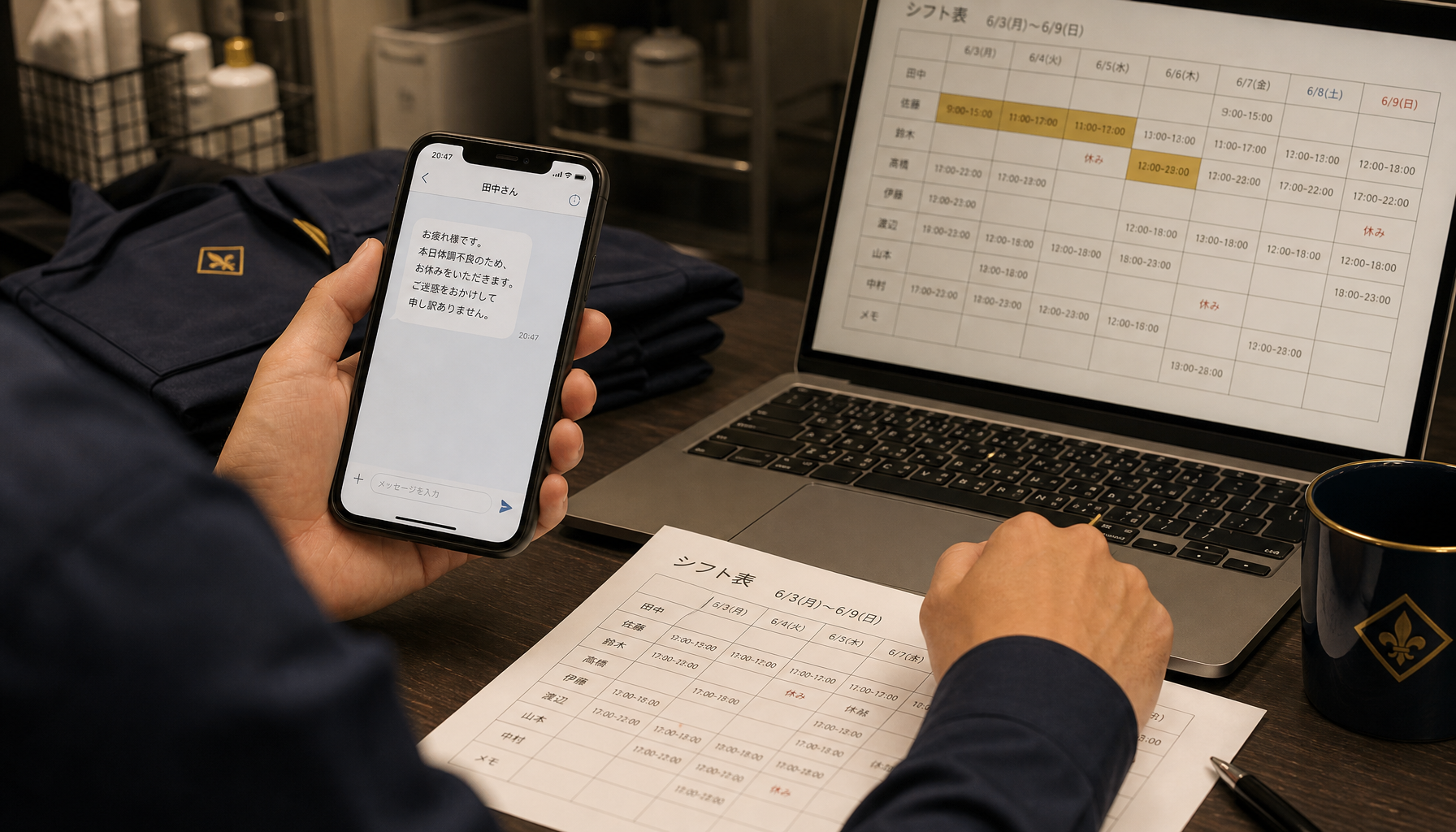 急な欠勤の連絡を受けてシフト表を確認する店長のシーン