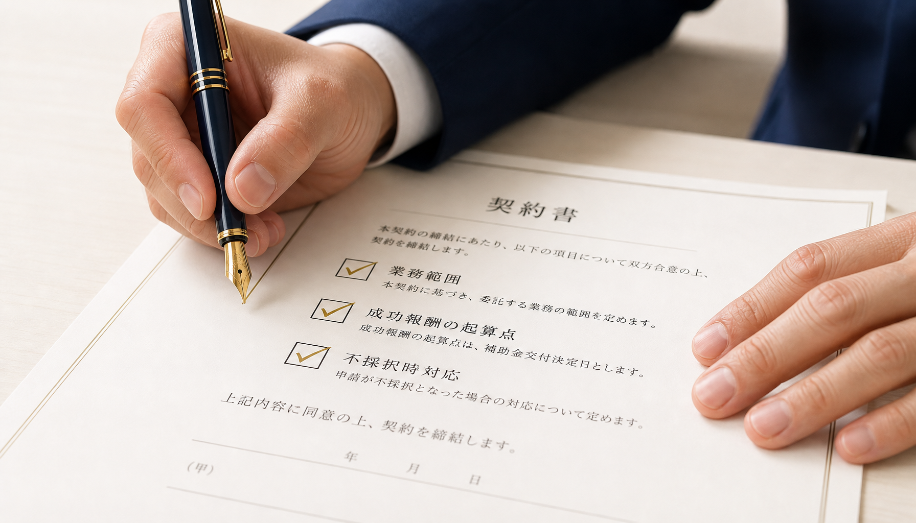 契約書の業務範囲や成功報酬の起算点を指差して確認する手元のクローズアップ