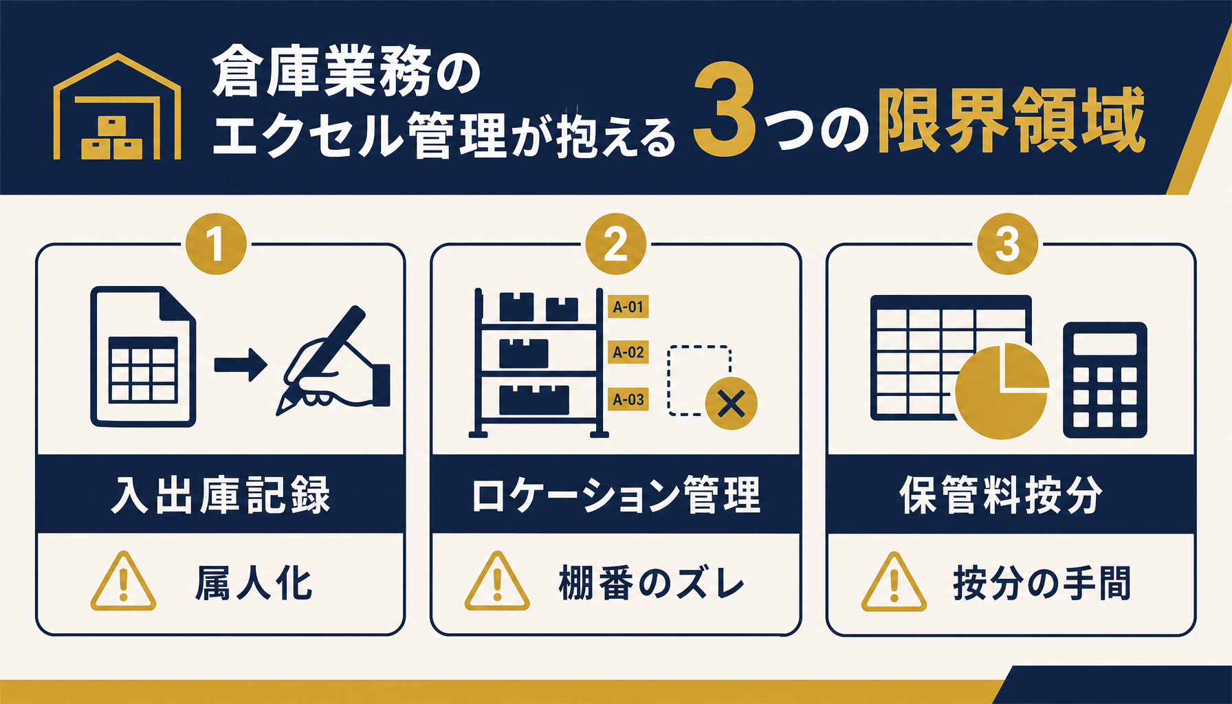 倉庫の入出庫記録・ロケーション管理・保管料按分の3つの限界を示す分類図