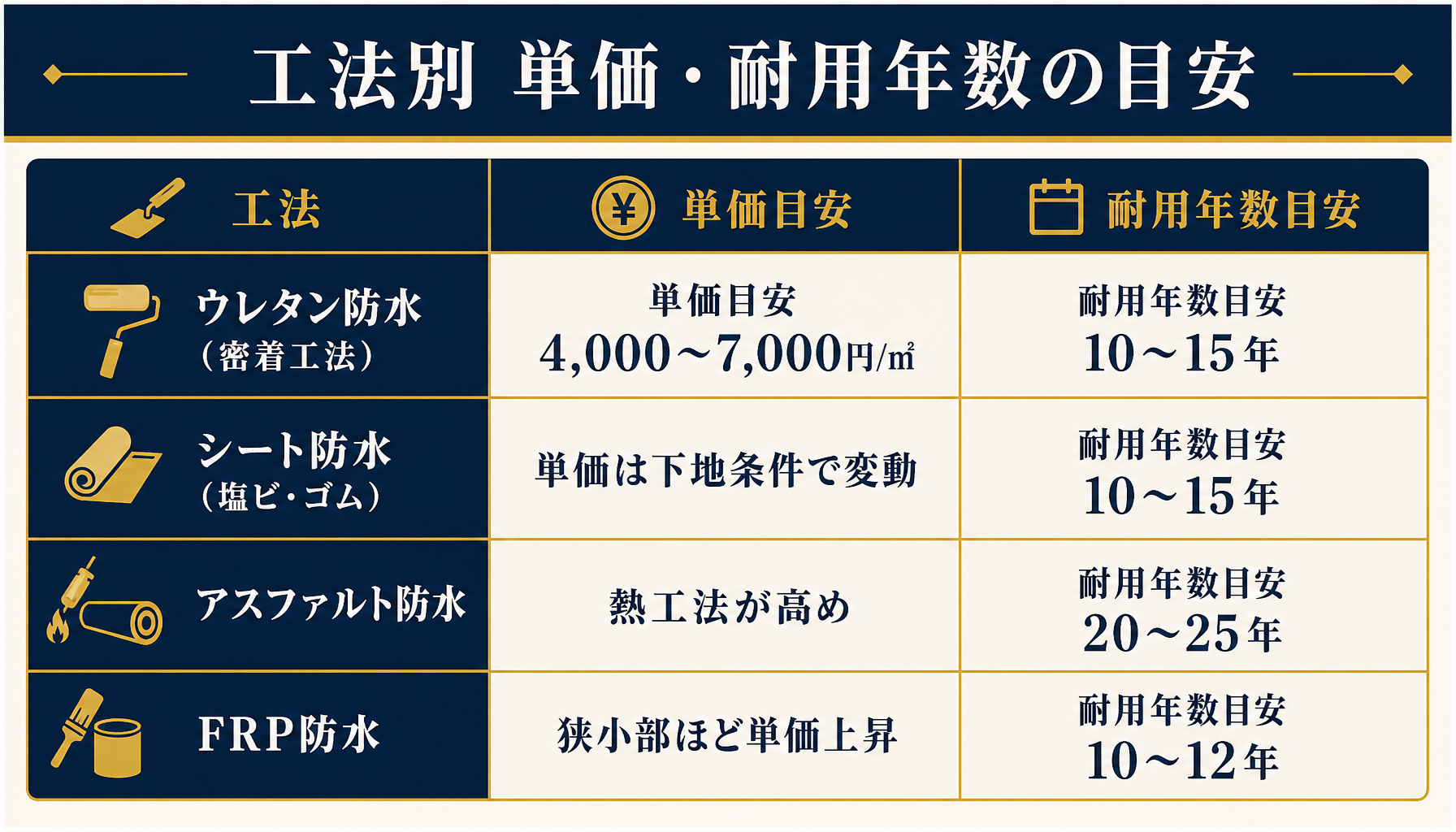 防水工事の工法別（ウレタン防水・シート防水・アスファルト防水・FRP防水）の単価目安と耐用年数目安を比較したインフォグラフィック