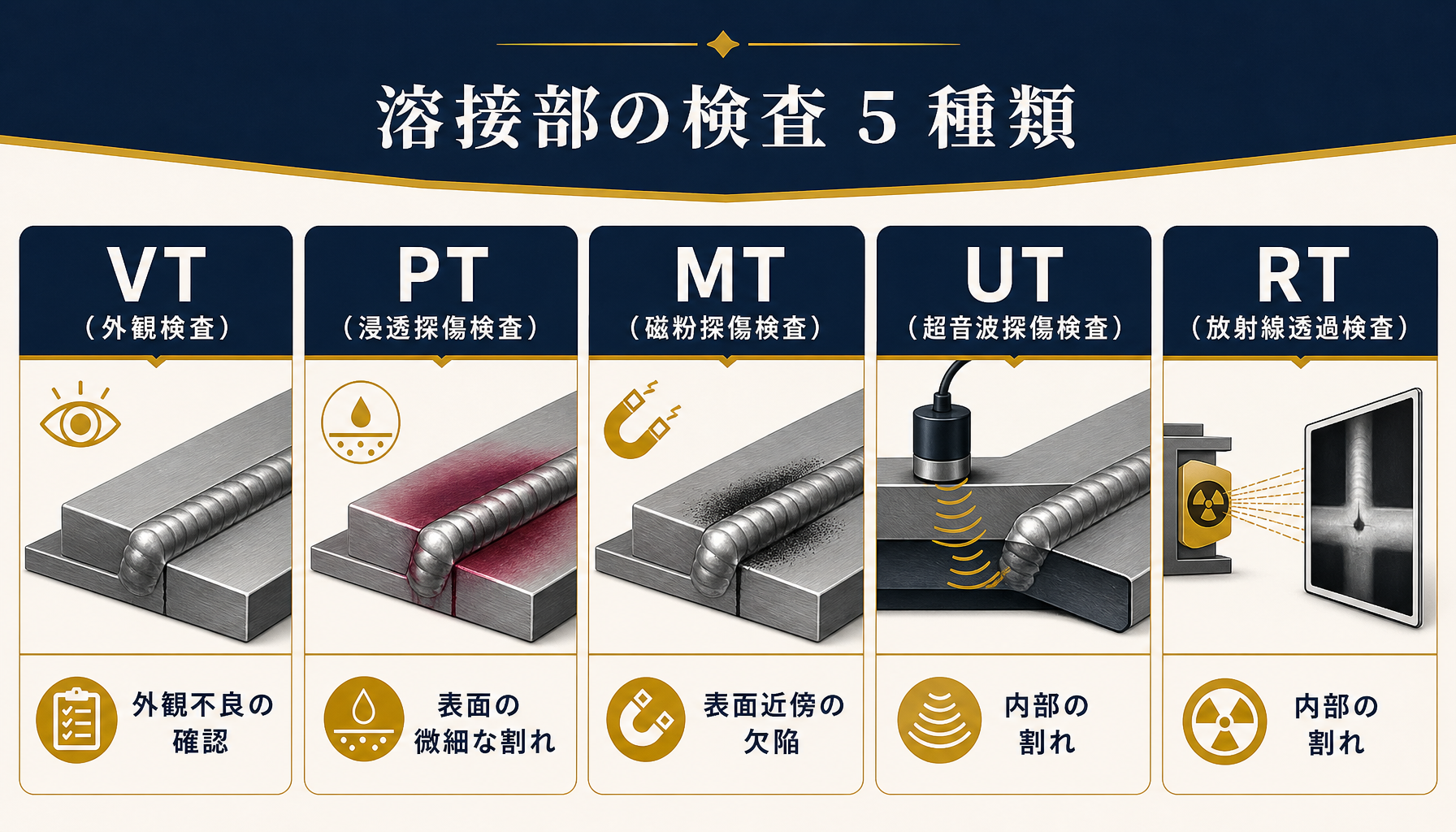 外観検査VTと非破壊検査PT・MT・UT・RTの5種を並べたインフォグラフィック（用途と検出対象を明記）