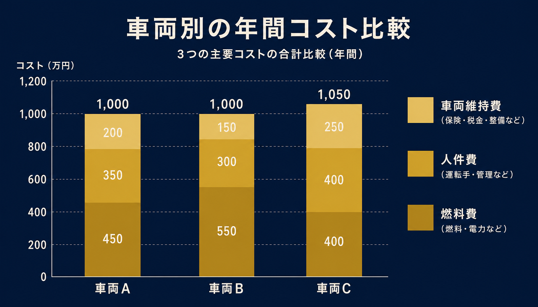 車両別配送コストの内訳例。燃料費・人件費・車両維持費の構成比を車両A・B・Cで比較するSVGデータ図