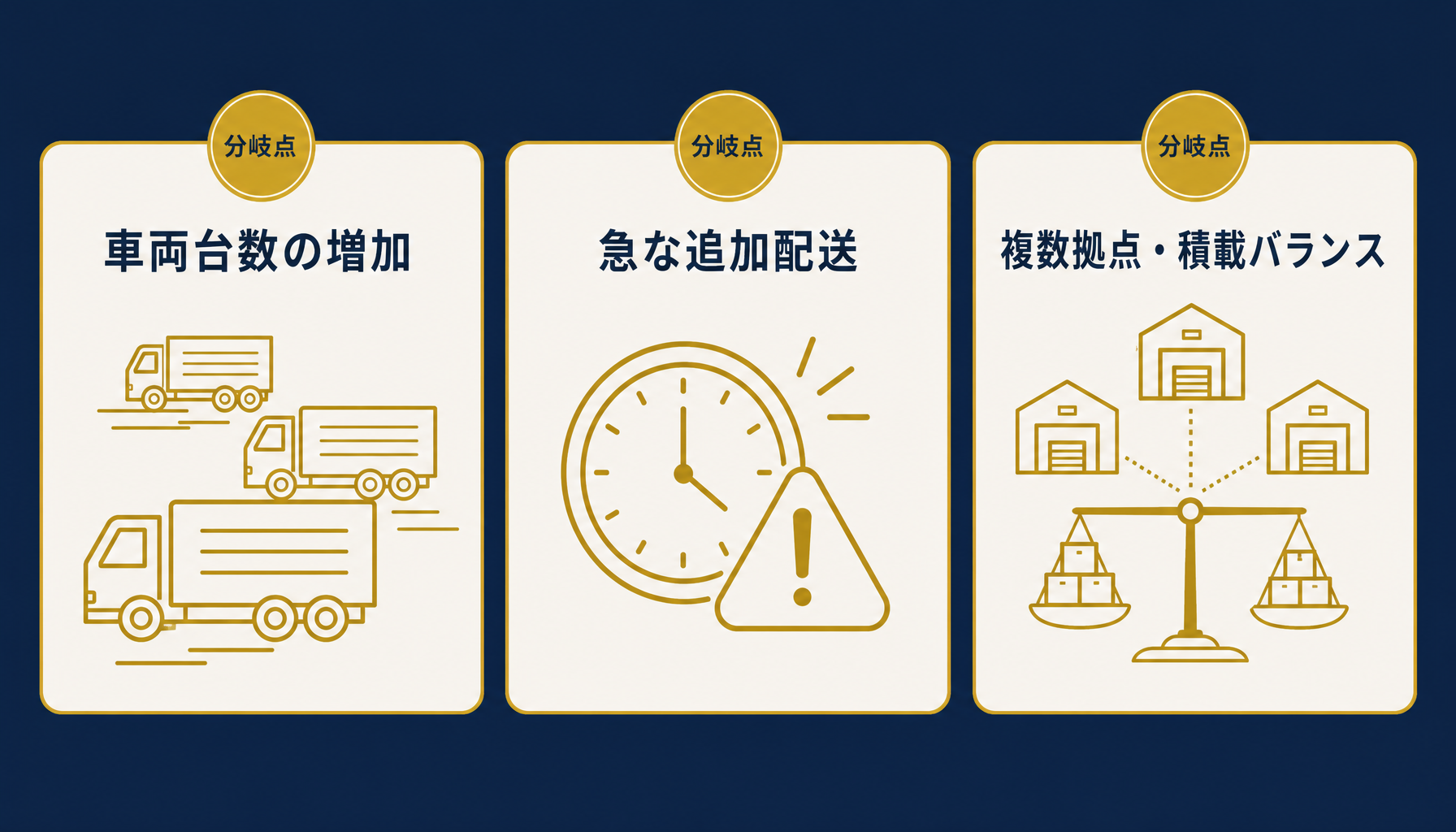 配送ルート管理の限界が表面化する3つの分岐点(車両台数・急な追加配送・複数拠点の積載バランス)を示すSVGインフォグラフィック