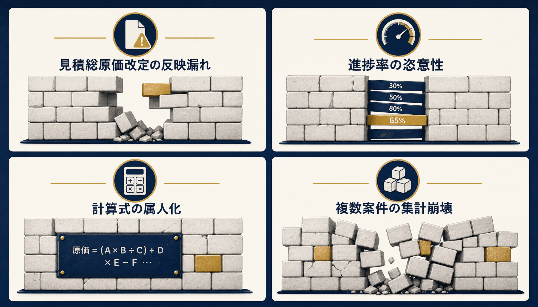 エクセルで仕掛品評価・進行基準計算を運用する際に起きる4つの限界(見積総原価改定の反映漏れ・進捗率の恣意性・計算式の属人化・複数案件の集計崩壊)を並べたインフォグラフィック。日本語ラベルのみでブランド配色を使用。