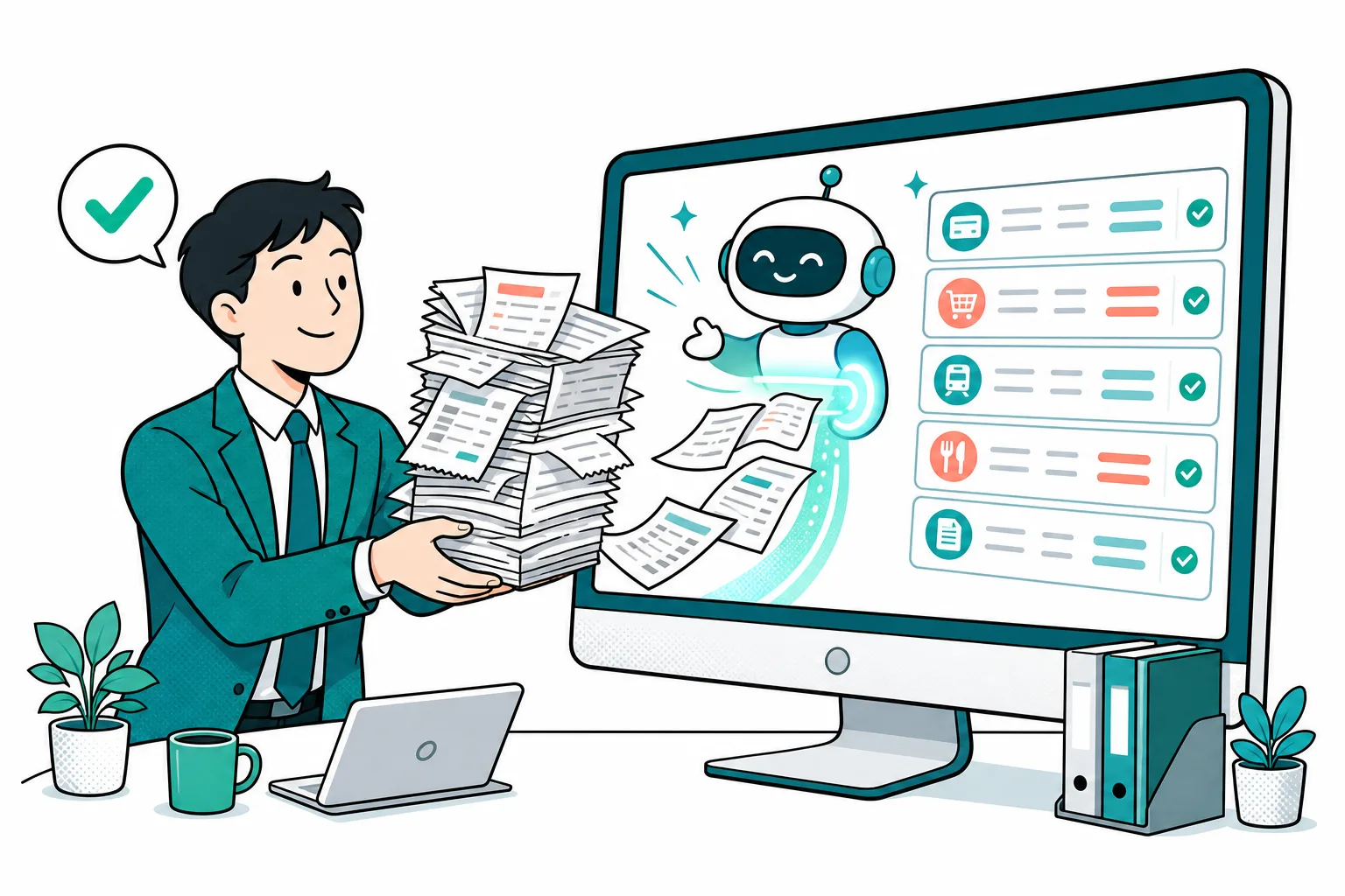 AIが通帳・証憑データを下処理し、仕訳候補を自動で整理する様子のイラスト