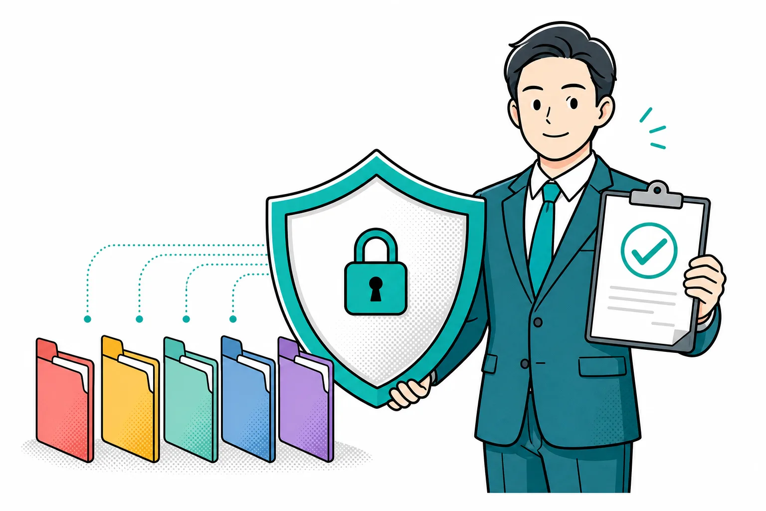 盾で守られた、顧問先ごとに色分けして分けられたデータと、チェック済みの同意書を持つ税理士のイラスト