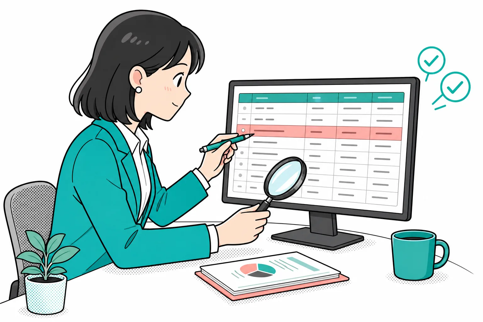 職員がレビューCSVで、AIの指摘を1件ずつ確認する様子のイラスト
