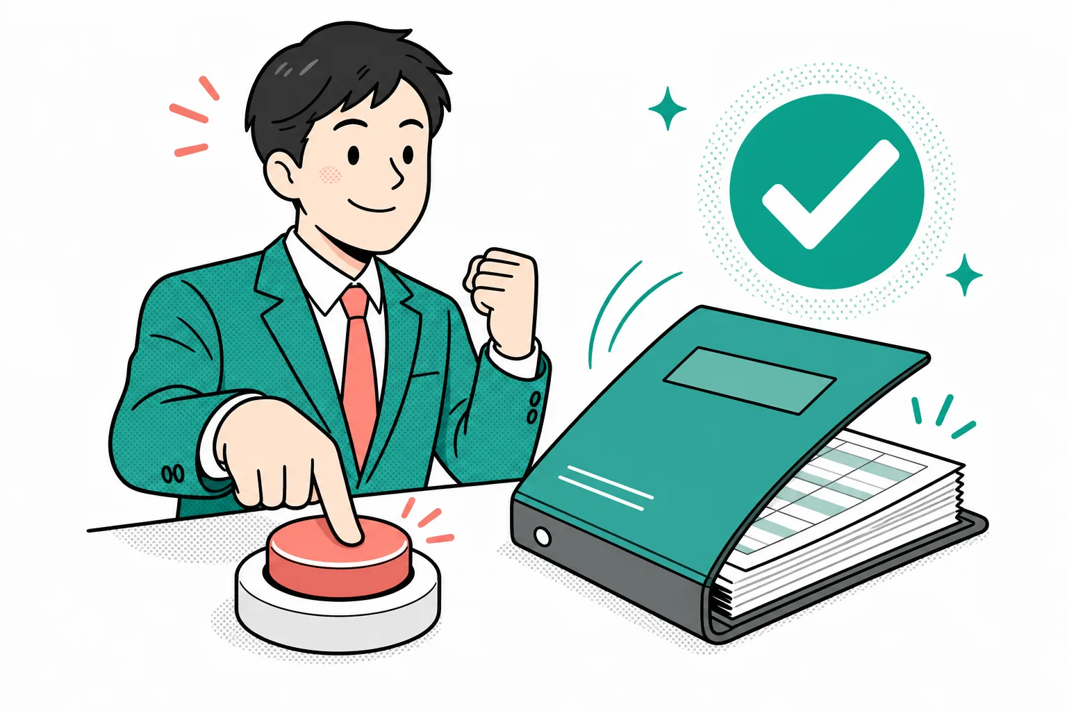 職員が確認済みの仕訳を承認し、正式に登録する様子のイラスト
